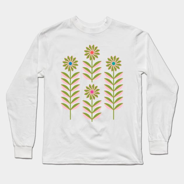 LOVE ME LOVE ME NOT Folk Art Mid-Century Modern Scandi Floral in Pink and Green on Cream - UnBlink Studio by Jackie Tahara Long Sleeve T-Shirt by UnBlink Studio by Jackie Tahara